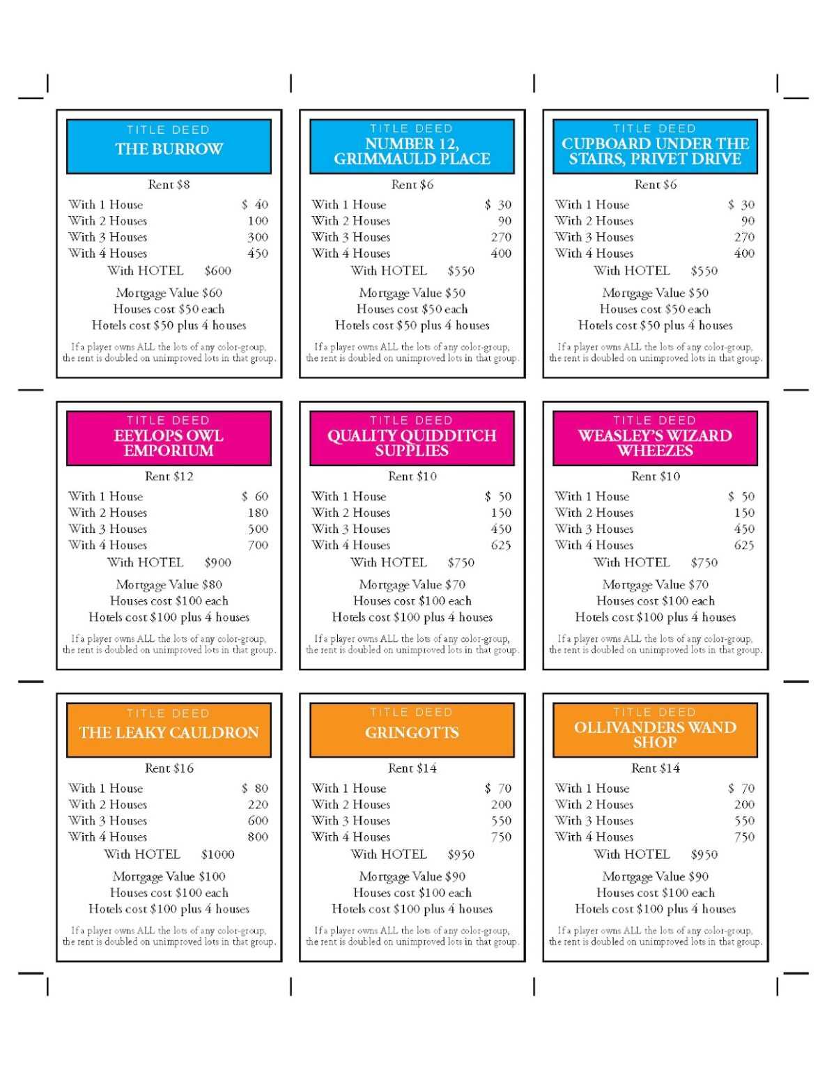 monopoly chance cards list