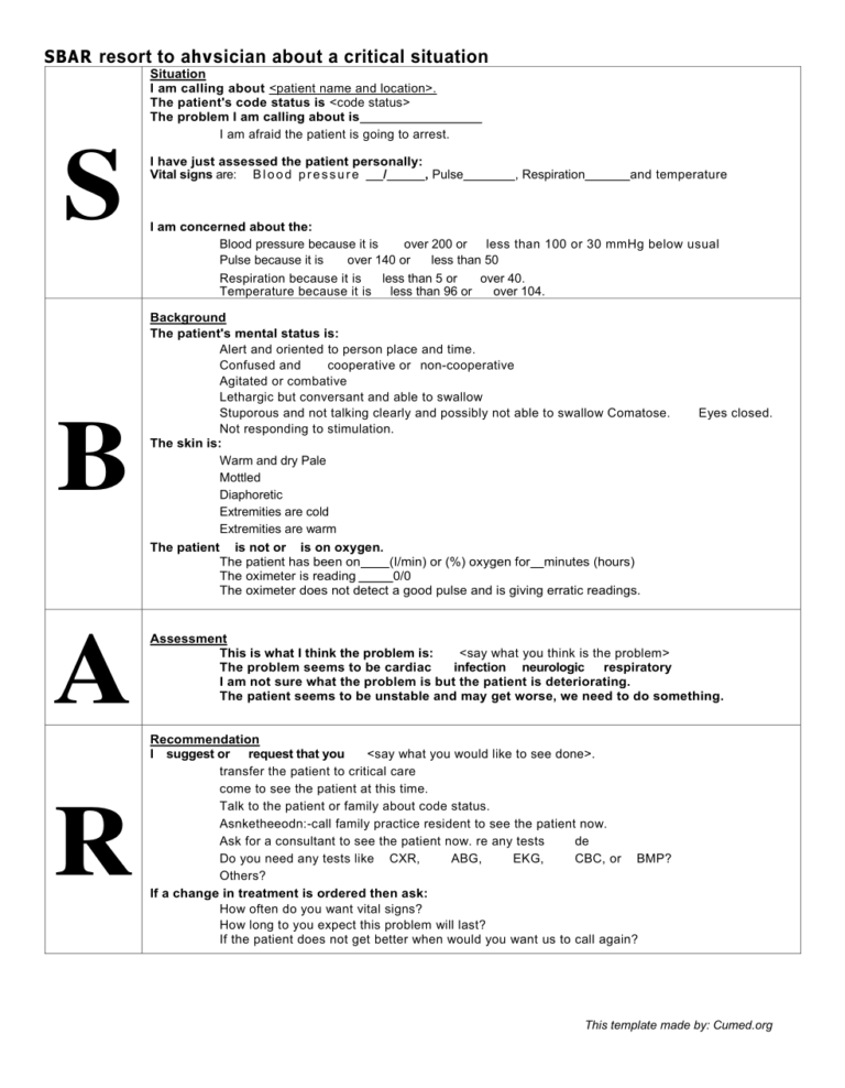 Sbar Template Word – Template Lab